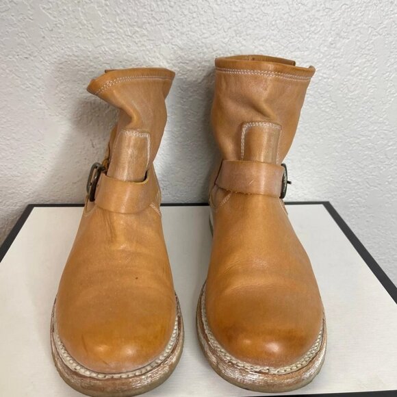 Frye Veronica Tan Leather Motorcycle Ankle Boots Buckle Pull On Women's Size 9 B - Picture 1 of 10
